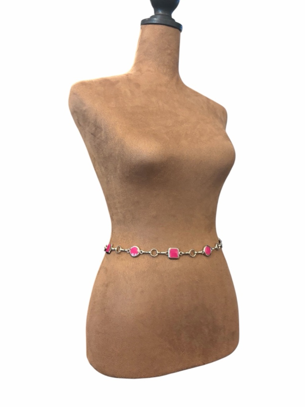 Silver Tone Waist Belt Adjustable 31-45” Bright Pink Stone Preppy Dressy Barbie - Picture 2 of 7